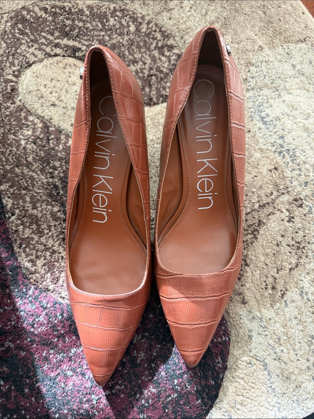 Calvin Klein Croc-Embossed Pointed Toe Heels in Rust Brown